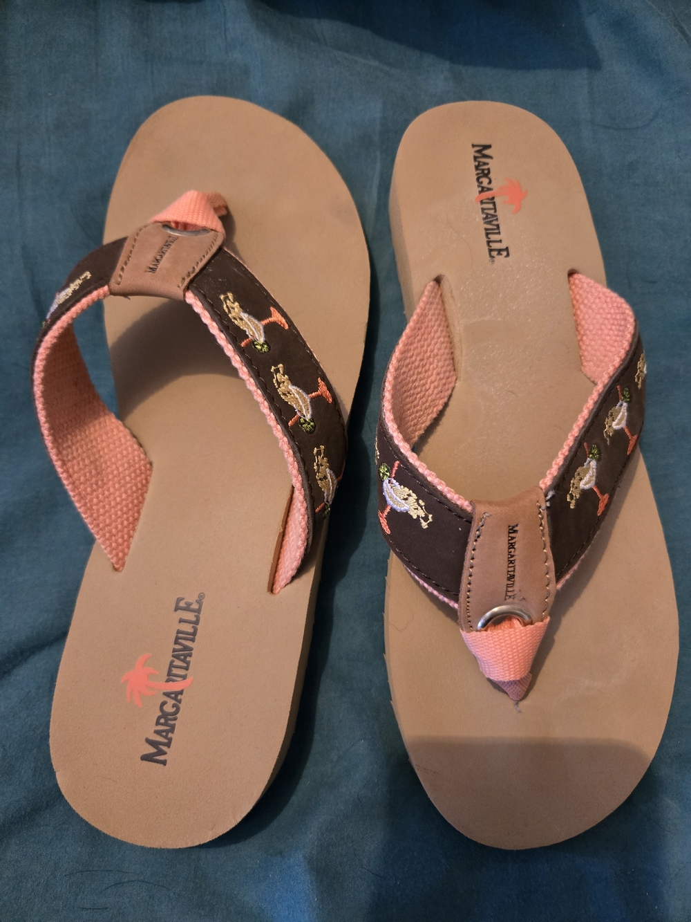 Margaritaville Women's Pink and Brown Embroidered Flip-Flop Sandals